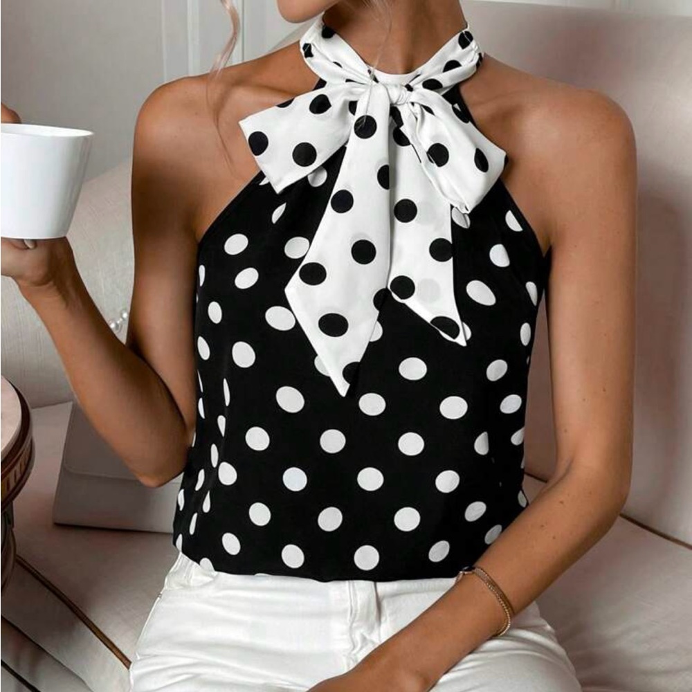Classic Polka Dot Print Halter Top Blouse Shirt Black White